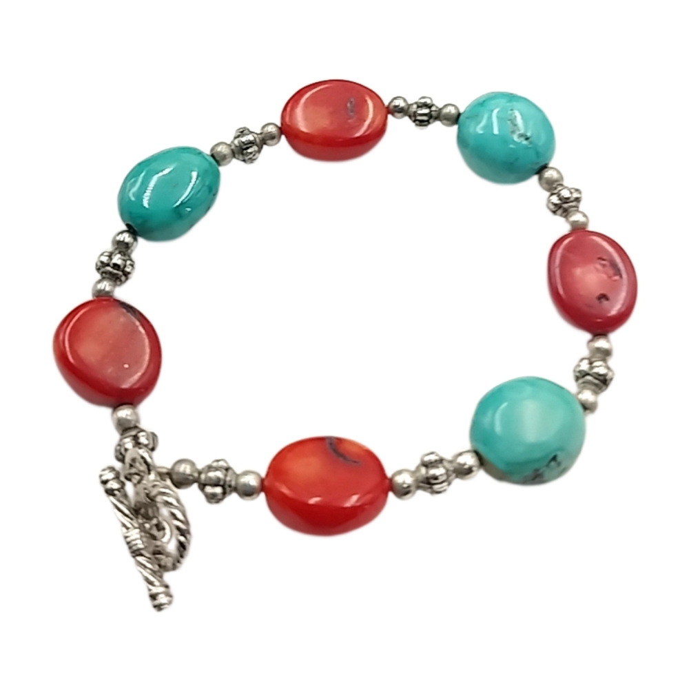 Southwestern Style Turquoise & Coral Look Bracelet 7.25". NWOT